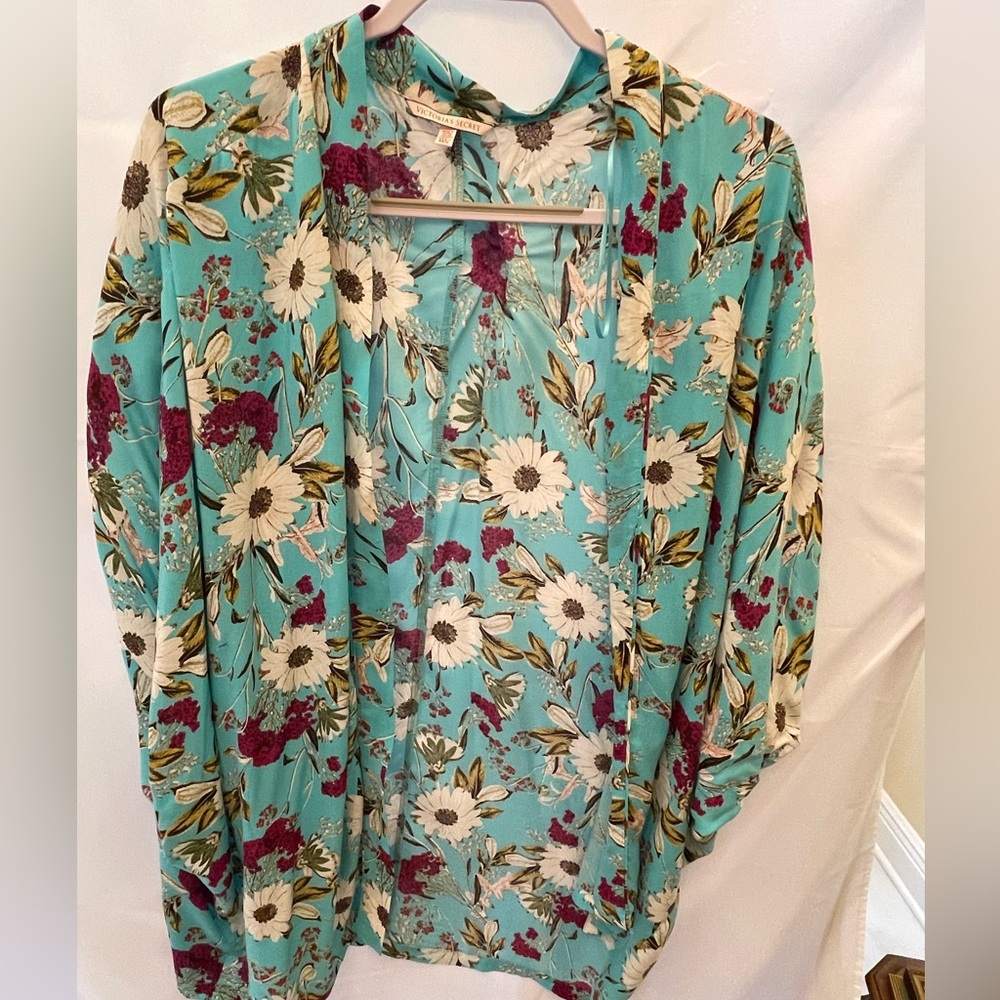 Victoria’s Secret Floral Kimono Cardigan Teal Blue Lightweight Size M/L